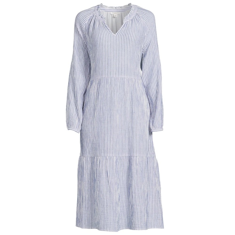 BeachLunchLounge 100% Cotton Ruffle Hem Midi Dress in Blue and White Stripe